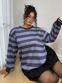 Flirla Plus Size Round Neck Long Sleeve Striped Casual Sweatshirt Graduation,Back To School Outfits,Graduation,Teacher Outfits For Women,Back To School - Purple - View 2