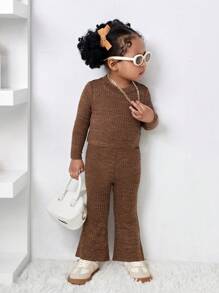 SHEIN Baby Girl Cute Brown Long Sleeve Top And Elastic Waist Flared Pants Set, Mommy And Me Matching Outfits (2 Sets Sold Separately) - Brown - View 5