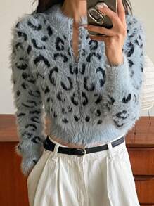 DAZY Cropped Leopard Print Sweater, New Arrival For Autumn,Long Sleeve Tops,Fall Women Clothes - Blue - View 1