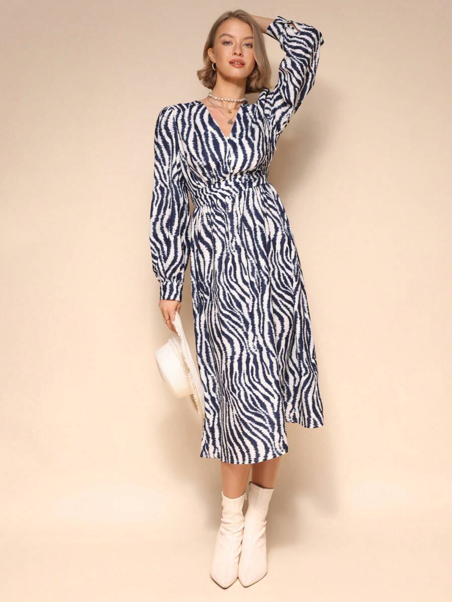 SHEIN Unity 优雅斑马纹 V 领长袖连衣裙 - 藍白色 - 查看 1
