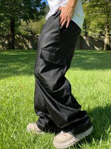 DAZY Black PU Leather Cargo Pants, Loose Fit For Men, Autumn - Black - View 3