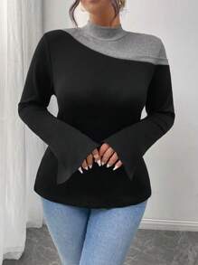 SHEIN Frenchy Áo thun cổ lọ tay dài màu khối bất đối xứng cỡ lớn - màu đen - Xem 3