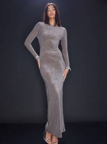 MUSERA 外出连衣裙 长袖系带露背长款假日派对连衣裙 优雅春夏度假秋季长裙 - 灰色 - 查看 1