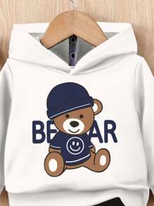 SHEIN Leap Crew 可爱小熊，酷炫小熊，户外服装，男婴休闲宽松柔软针织连帽卫衣套装，适合秋冬季穿着 - 白色 - 查看 5