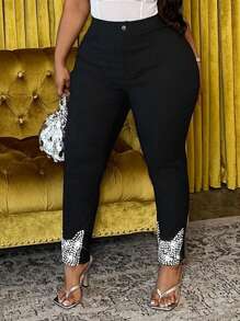 Slaydiva Casual Fashion Plus Size Women Rhinestone Decorated Tight Leggings - Dark Grey - View 5