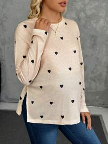 SHEIN Maternity Autumn Heart Print Round Neck Long Sleeve Side Split Hem Casual T-Shirt