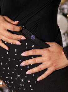 MaterniChic Maternity Elegant Shiny Rhinestone Flare Leg Split Hem Pants, For Party, Christmas - Black - View 6