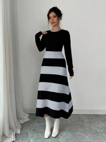 Elenzga 女士拼色简约条纹毛衣裙 - 灰色 - 查看 6