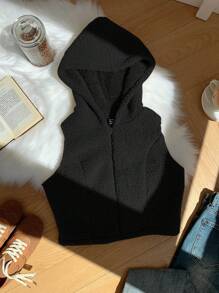 Comfortcana Women Solid Color Front Zipper Sleeveless Casual Hooded Jacket In Fall/Winter