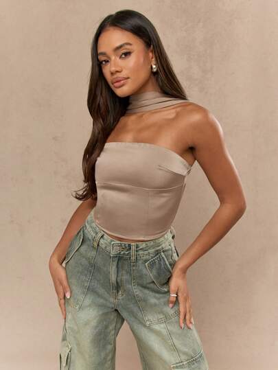 MISSGUIDED Satin Neck And Back Detail Bandeau Top