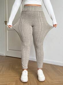 SHEIN EZwear 大码，保暖紧身裤，秋季女装，羊毛紧身裤，保暖紧身裤，冬季女装，保暖裤，冬季女裤，休闲杏色侧袋高腰紧身裤