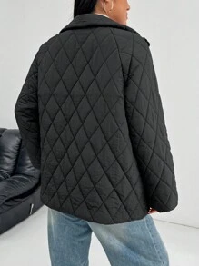 SHEIN EZwear Abrigo casual acolchado con cierre de cremallera y bolsillos para mujer talla grande, color negro y manga larga, para invierno