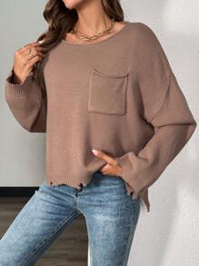 SHEIN LUNE Suéter informal oversize con cuello ancho, hombros caídos, diseño rasgado, bolsillo delantero y parte posterior talla grande larga