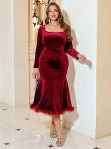 SHEIN Clasi فستان سهرة أنيق مقاس كبير، فستان مخمل أحمر بتصميم الحورية للمناسبات الرسمية، مهرجان، كرنفال - عنابي اللون - مشاهدة 3