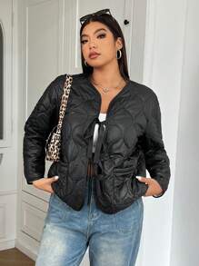 SHEIN EZwear Plus Size Women Warm Padded Jacket, Cold Weather Thermal Quilted Coat, Fall/Autumn Black Padded Outerwear