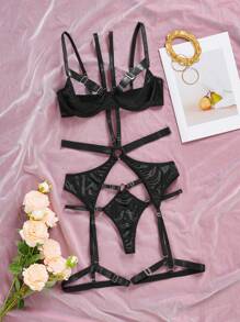 SHEIN Opulent Queen Reizvolle Verführung - Verstellbarer elastischer Träger BH mit Bügel + String + Strumpfhalter Set, Damen Sexy Wäsche Set