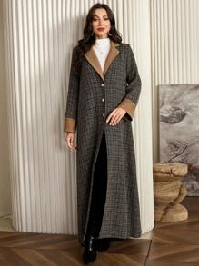 Al Najma 优雅拼色翻领格子长袍，秋冬季，优雅开放式长袍，适合休闲日常/旅行/度假，朴素的长袖阿拉伯长袍 - 棕色 - 查看 3