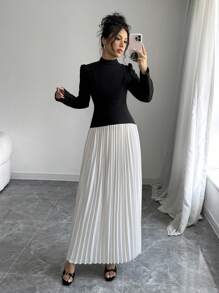 Elenzga Vestido plisado elegante con cuello alto y inserción para mujer, para otoño