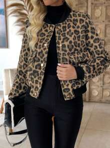 SHEIN LUNE Áo khoác túi vá màu trơn cài nút phía trước, mặc thường ngày - Màu Khaki - Xem 3