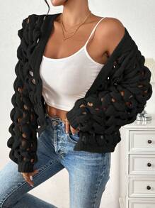 Chiquease Áo len cardigan dệt kim hở lưng cho nữ - màu đen - Xem 8