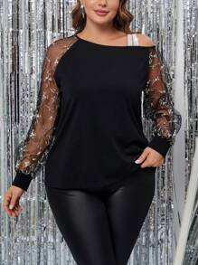 SHEIN Clasi Plus Size Lace Patchwork Long Sleeve Simple Casual Top - Black - View 3