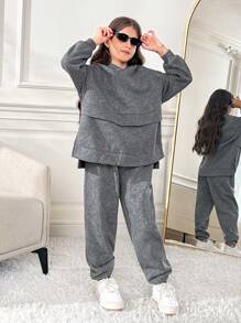 SHEIN Bộ 2 quần áo hoodie và quần dài thoải mái, giản dị cho bé gái tuổi teen, trang phục tối giản đa năng - Xám - Xem 3