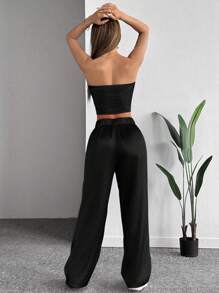 SHEIN EZwear 1set Women's Shiny Satin Suit - Black - View 2