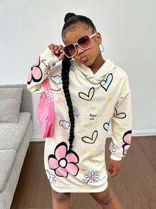 SHEIN Tween Girl Loose Casual Minimalist Comfortable Hooded Long Sweatshirt With Letter Print,In Fall/Winter - Apricot - View 7