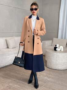 SHEIN Privé Áo khoác trench coat hai hàng khuy phối màu cổ điển, mùa thu - Màu nâu Sô-cô-la - Xem 5