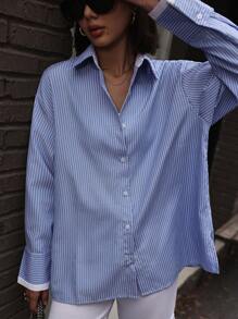 INAWLY Áo sơ mi sọc rộng rãi thả vai cho nữ, áo rộng thùng thình, xuân thu - Xanh và trắng - Xem 3