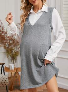 SHEIN Maternity Casual 2-In-1 Patchwork Pocket Long Sleeve Dress, Pocket Dress, Spring/Autumn