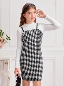 SHEIN Leap Crew 青少年女孩高領t恤和千鳥格印花背心連衣裙 - 黑與白 - 查看 7
