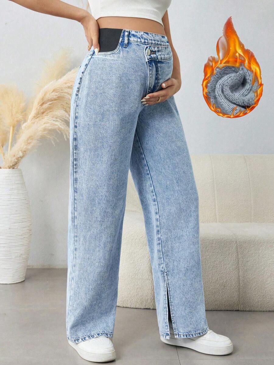 SHEIN Maternity Casual Loose Straight Leg Jeans, Blue - Blue - View 1