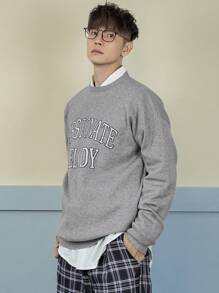 DAZY Men's Casual Letter Print Round Neck Drop Shoulder Long Sleeve Sweater, Autumn - Grey - View 5