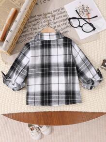 男婴休闲时尚西部牛仔刺绣格子长袖纽扣衬衫，适合居家、休闲和外出 - 黑與白 - 查看 2