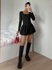 SHEIN EZwear Plus Size Floral Blouson Dress With Boat Neck And Built-In Modesty Shorts - Black - View 6