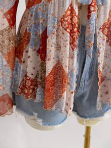 Soleia 大码女式复古花卉拼布针织网眼前开腰收腰喇叭袖衬衫上衣 - 彩色 - 查看 4