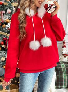 EMERY ROSE Christmas Women Furry Patchwork Hooded Casual Loose Sweatshirt, Autumn/Winter For New Year Clothes,Long Sleeve Tops Pullover Fall Outfit