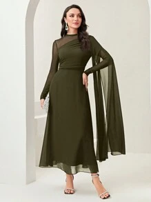 Modelyn Women's Round Neck Long Sleeve Mesh Contrast Ruffle Maxi Elegant Dress Long Evening Dresses - Army Green - View 4