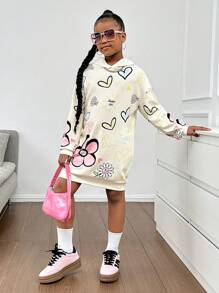 SHEIN Tween Girl Loose Casual Minimalist Comfortable Hooded Long Sweatshirt With Letter Print,In Fall/Winter - Apricot - View 5