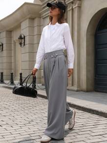 Aveloria Women's Autumn/Winter Business Casual Pleated High Waist Wide Leg Suit Pants - Grey - View 4