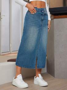 SHEIN Essnce Jupe crayon en jean lavé avec poches inclinées polyvalentes et décontractées pour femmes, convient pour le printemps/été