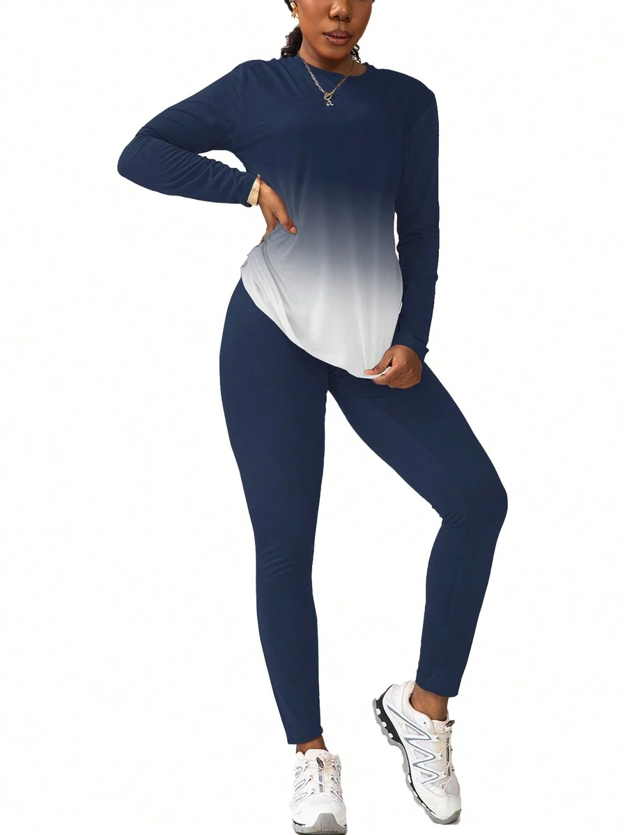 Autumn Sports Gradient Color Long Sleeve Top And Solid Color Long Pants Set - Navy Blue - View 1