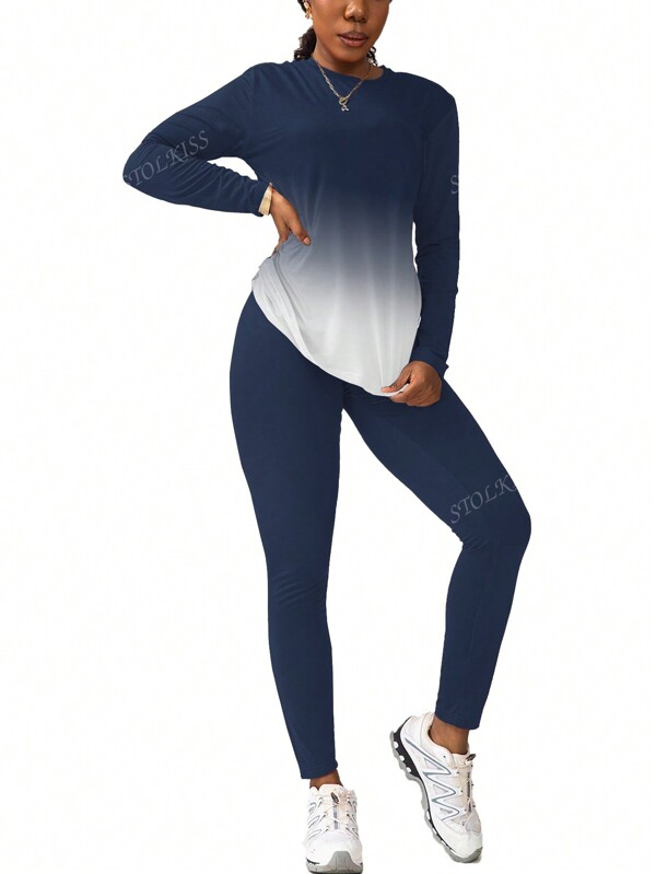Ombre Long Sleeve Top And Solid Color Pants Matching Sports Set, Autumn