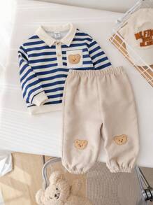 SHEIN 2 pezzi/Set Autunno Inverno Neonato Maschio/Femmina Camicia Polo a Righe Stile College Confortevole e Morbida e Pantaloni Lenti in Pile con toppe Decorativa di Orso cartoni animati