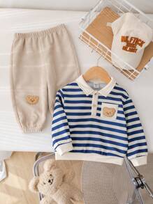 SHEIN 2 pezzi/Set Autunno Inverno Neonato Maschio/Femmina Camicia Polo a Righe Stile College Confortevole e Morbida e Pantaloni Lenti in Pile con toppe Decorativa di Orso cartoni animati
