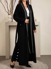 Al Najma Set de 2 piezas de chaqueta y pantalones holgados elegantes con detalle de cinta en manga larga para mujer, para primavera y otoño