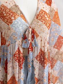 Soleia 大码女式复古花卉拼布针织网眼前开腰收腰喇叭袖衬衫上衣 - 彩色 - 查看 3