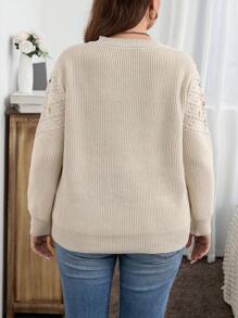 SHEIN LUNE 大码女式花卉刺绣圆领长袖休闲套头衫，适合冬季 - 白色 - 查看 2