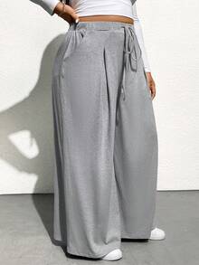 SHEIN Essnce Quần ống rộng cạp chun co giãn thời trang thường ngày mùa thu đông cỡ lớn cho nữ, rộng rãi và thoải mái, màu xám, vải chải kỹ, quần áo mùa thu cho nữ, quần ống cong - Xám - Xem 6